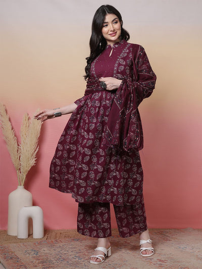 Indyancart SN Women's Floral Printed Mandarin Collar Pure Cotton Anarkali Kurta With Trouser & Dupatta