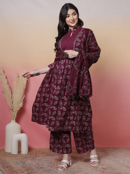 Indyancart SN Women's Floral Printed Mandarin Collar Pure Cotton Anarkali Kurta With Trouser & Dupatta
