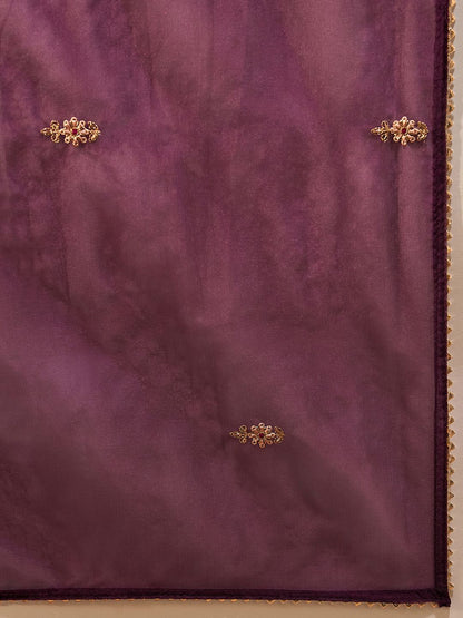 Indyancart IE Burgundy Floral Embroidered Straight Kurta with Trousers & Dupatta
