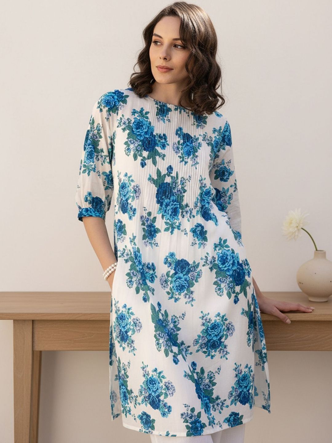 Floral Printed Pleated Round Neck Pure Cotton Straight Kurta With Trouser