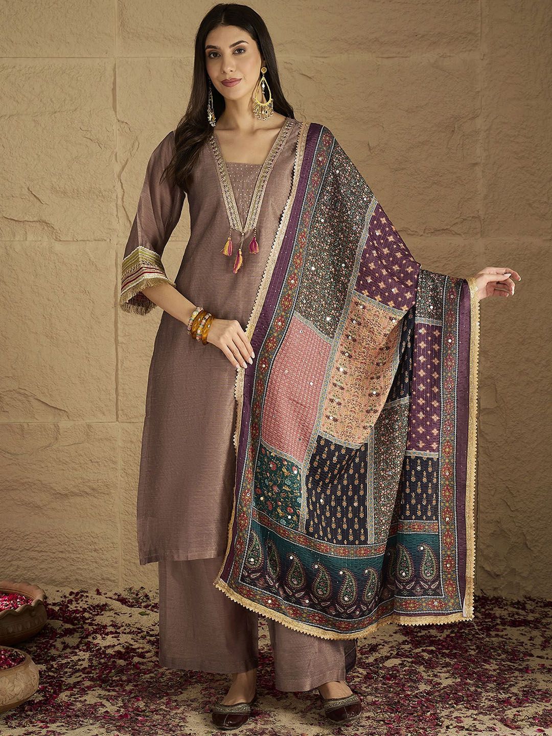 Indyancart VA Ethnic Motifs Yoke Design V-Neck Straight Kurta With Palazzos & Dupatta