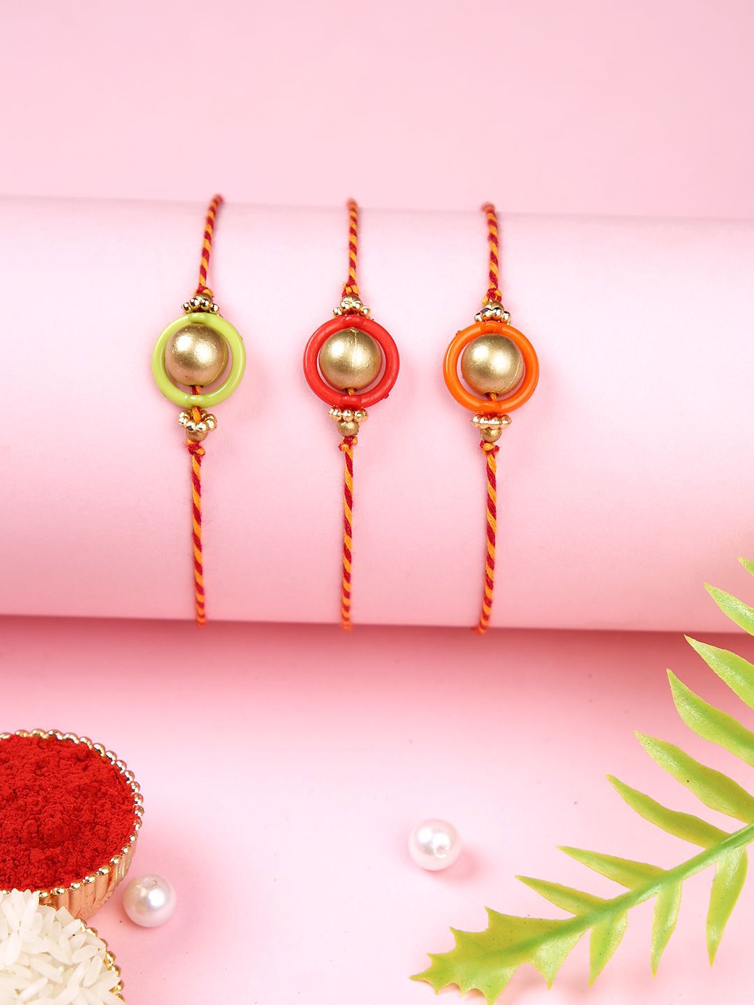 Anouk Gold Toned Set Of 3 Beaded Thread Rakhis With Roli Chawal & Greeting Card