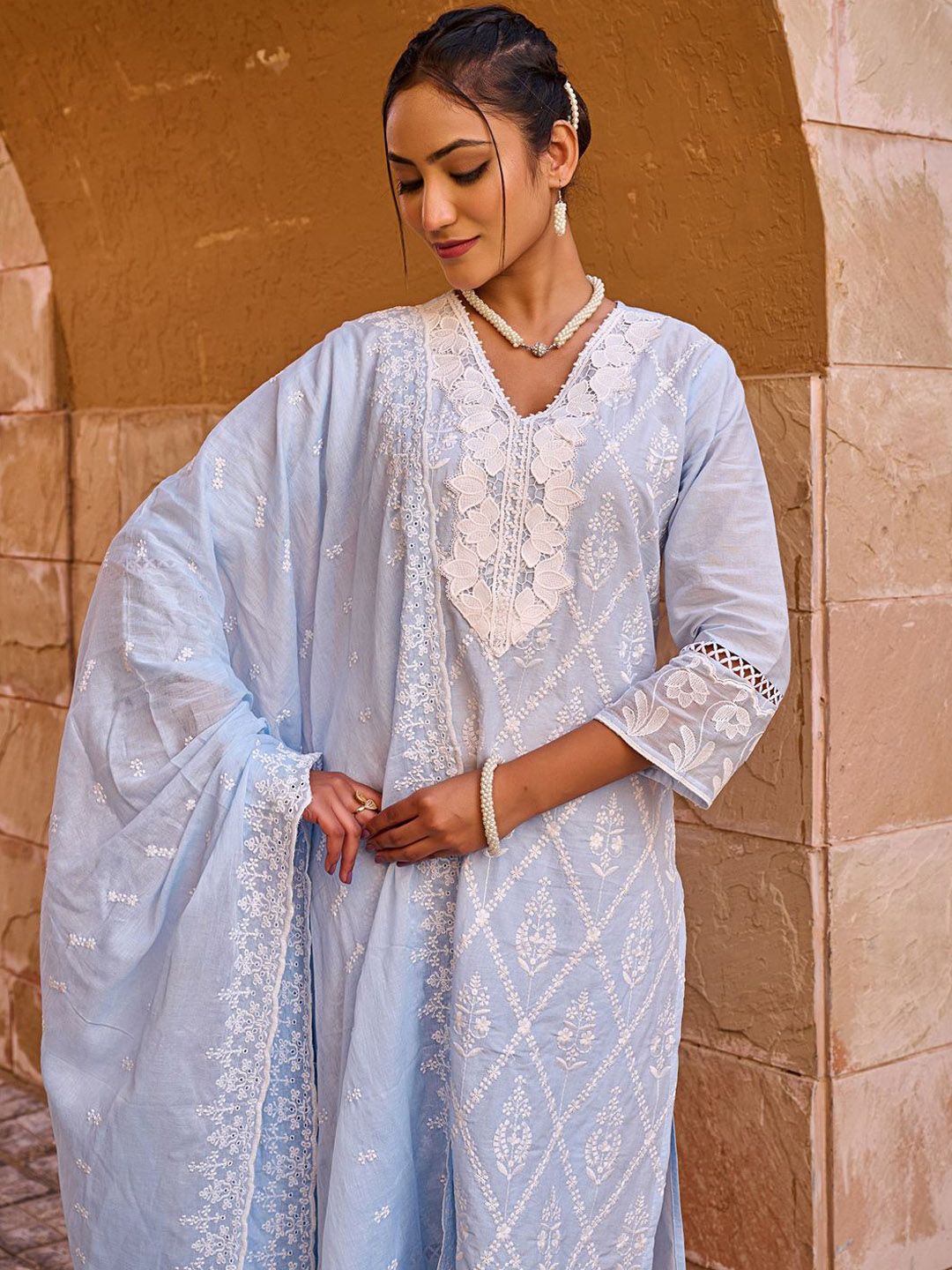 Women Ethnic Motifs Embroidered Cotton Kurta with Trousers & Dupatta