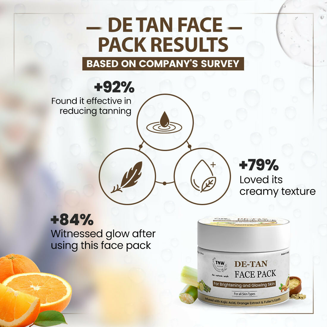The Natural Wash De-Tan Face Pack applied on a woman's face, promoting glowing skin with a smooth, natural appearance.