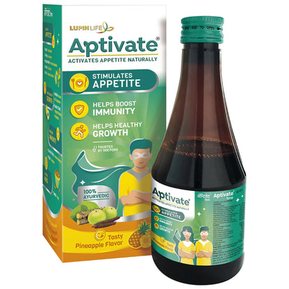 Lupin Life Aptivate Ayurvedic Pineapple Syrup bottle with pineapple flavor label and clear liquid inside.