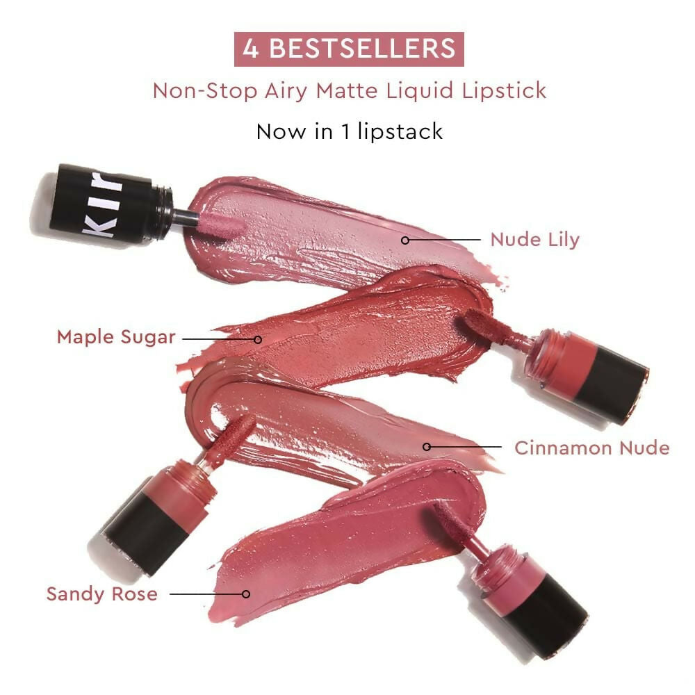 Kiro Four Play Non-Stop Airy Matte Liquid Lipstick stack with four versatile shades in sleek packaging.