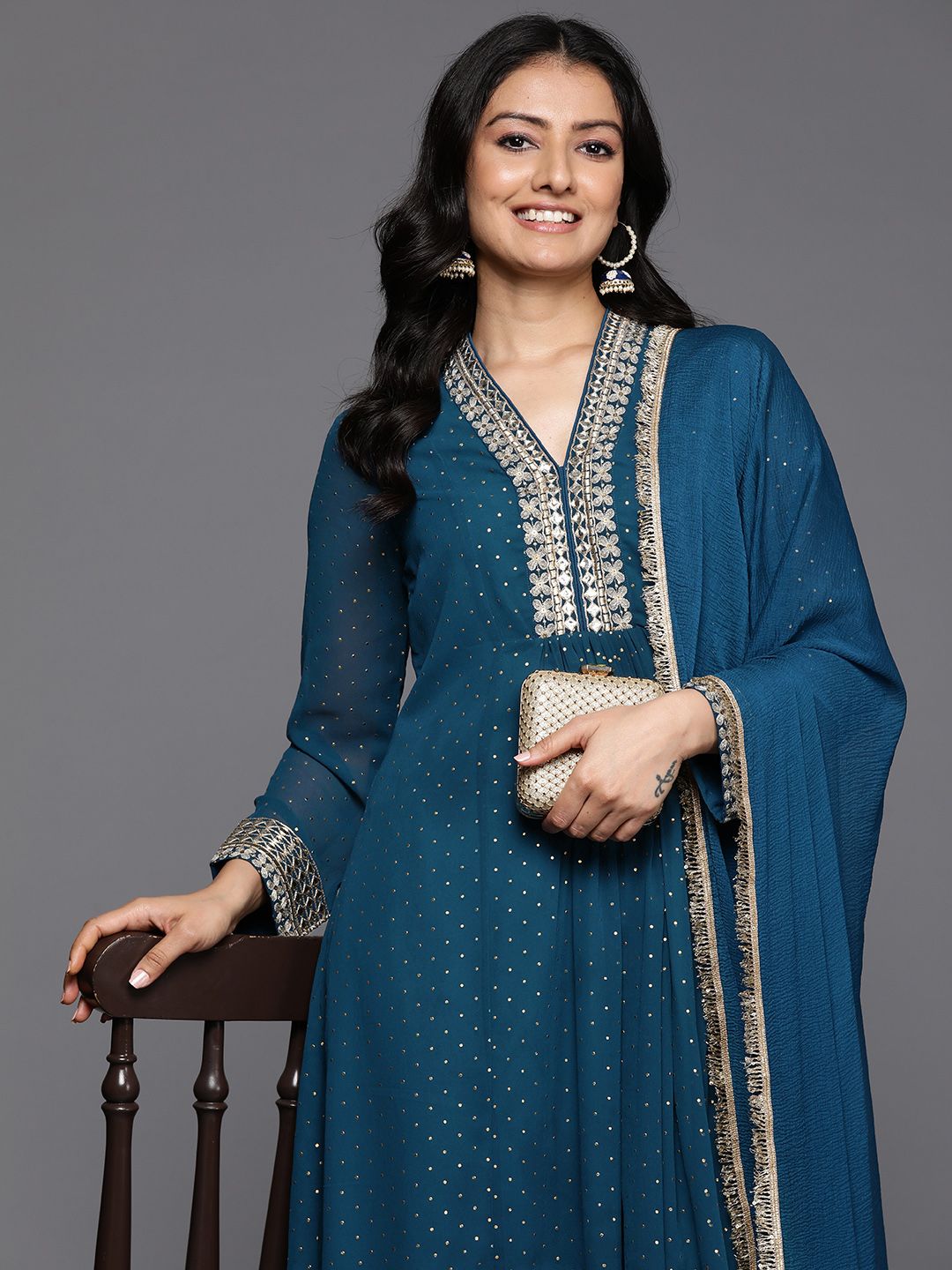 Indyancart VA Women'sBlue Polka Dots Printed Thread Work Silk Georgette Kurta & Trouser & Dupatta
