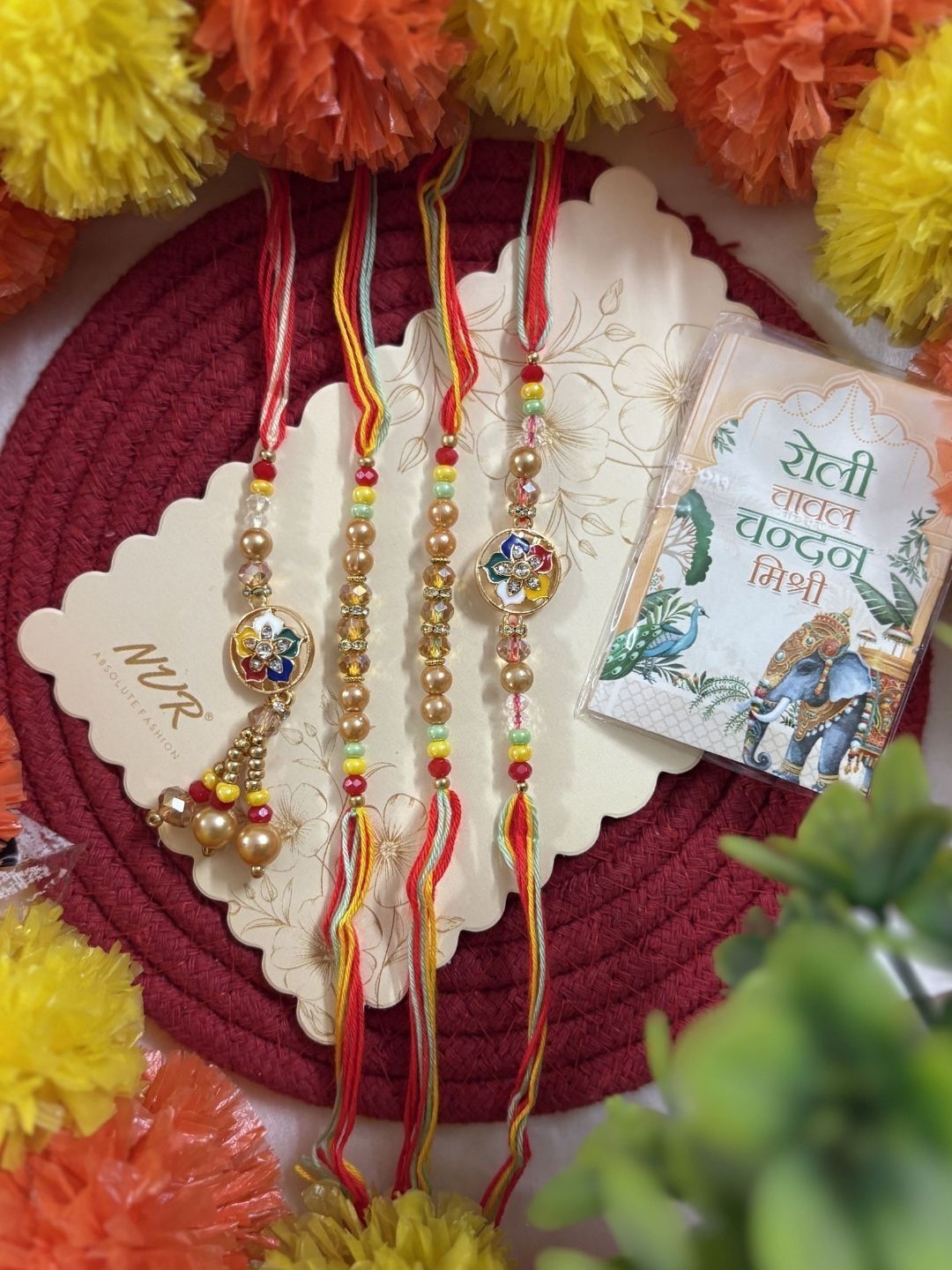 Anouk Set Of 4 Artificial Beads Family Pack Thread Rakhi With Roli Chawal Chandan Mishri