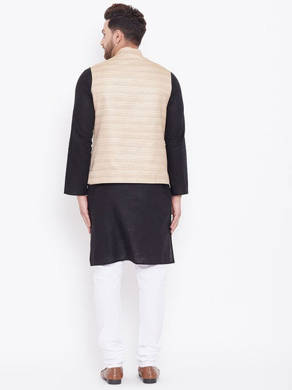 Men's Black Cotton Blend Straight Jacket  Kurta and Pyjama Set