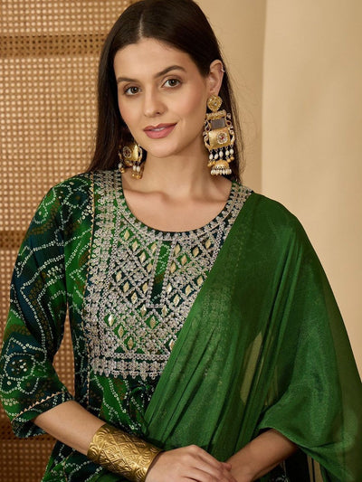 Indyancart SN Women's Bandhani Printed Round Neck Sequinned A-Line Kurta And Trousers With Dupatta