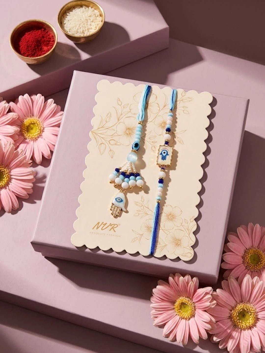 Anouk Set Of 2 Evil Eye Hand Design Bhaiya Bhabhi Rakhi With Roli Chawal Chandan Mishri