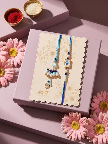 Anouk Set Of 2 Evil Eye Hand Design Bhaiya Bhabhi Rakhi With Roli Chawal Chandan Mishri