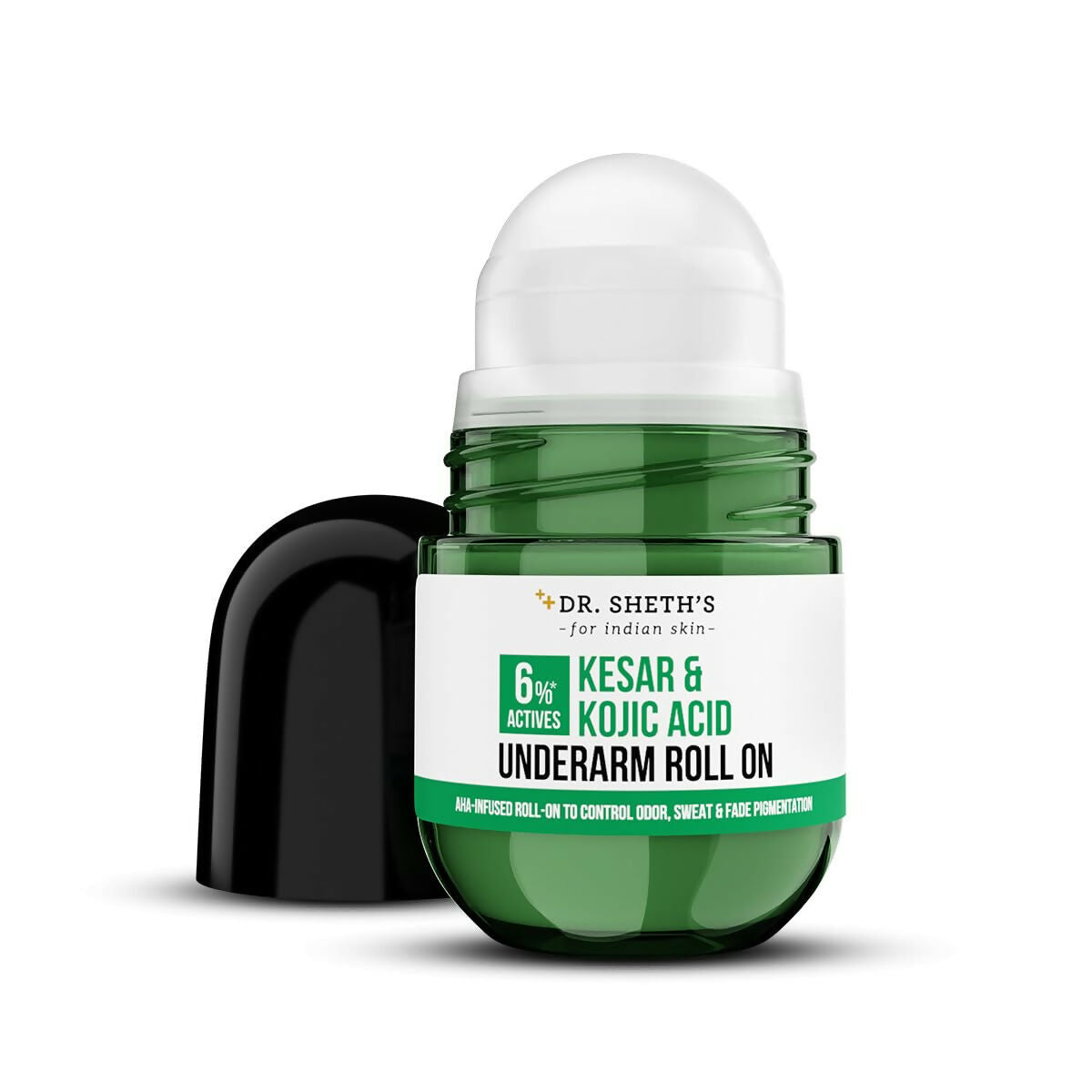 Dr. Sheth's Kesar & Kojic Acid underarm roll-on with actives AHA, niacinamide, and kojic acid for odor, sweat, and pigmentation control.