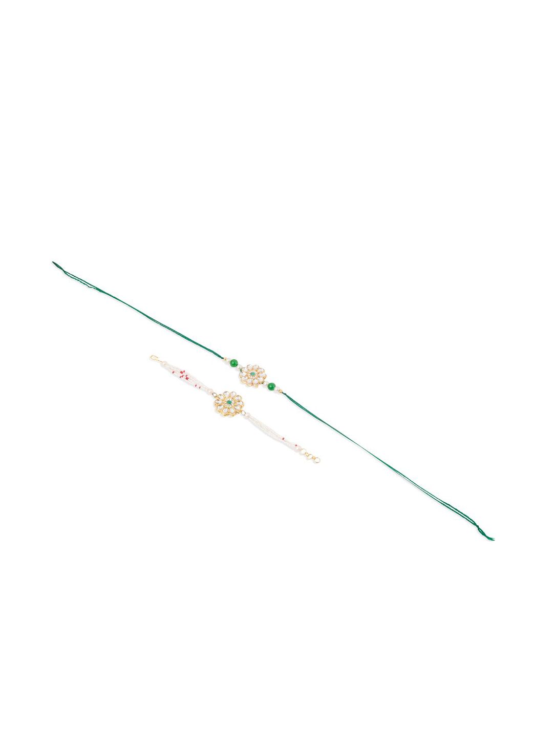Anouk Set Of 2 Kundan Floral Design Gold Toned Bhaiya Bhabhi Rakhi Set With Roli Chawal