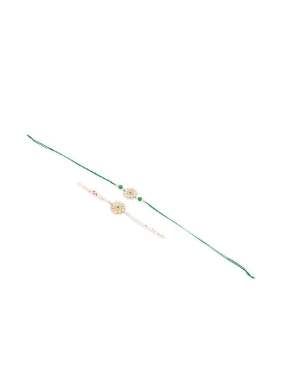 Anouk Set Of 2 Kundan Floral Design Gold Toned Bhaiya Bhabhi Rakhi Set With Roli Chawal