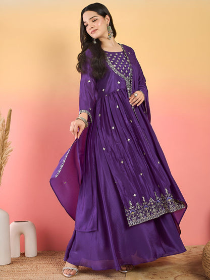 Indyancart VA Floral Embroidered Thread Work Kurta With Palazzos & Dupatta
