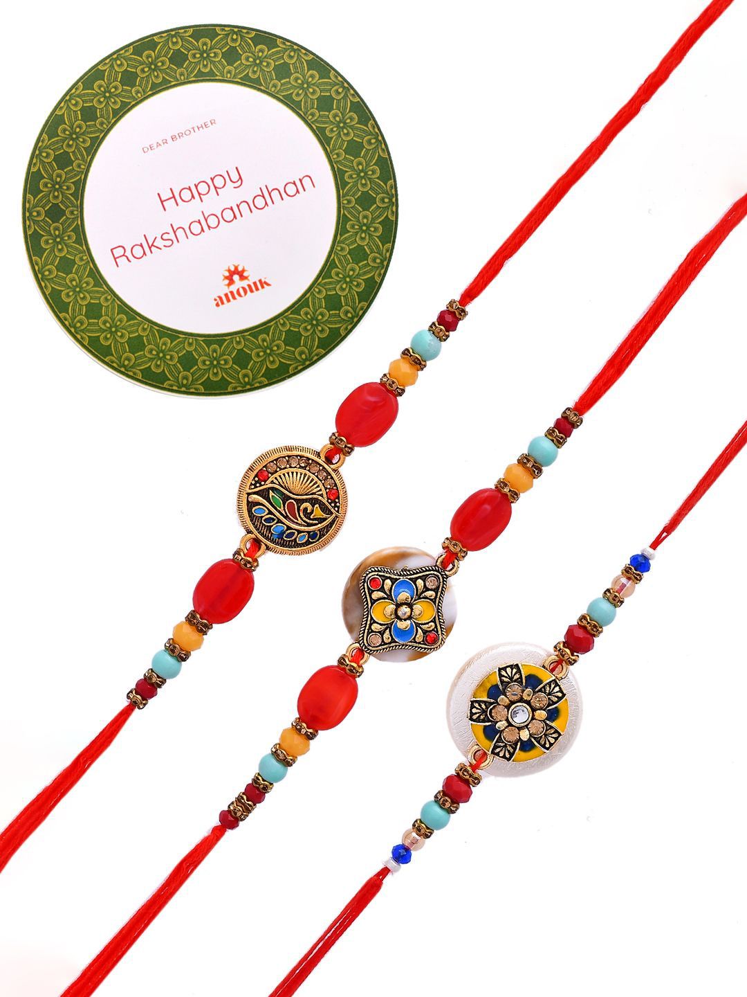Anouk Set Of 3 Red Beaded Rakhi With Roli Rice & Greeting Card