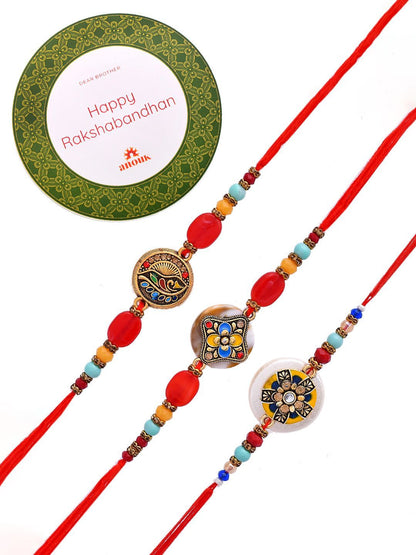 Anouk Set Of 3 Red Beaded Rakhi With Roli Rice & Greeting Card