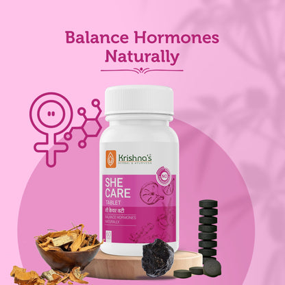Krishna's Herbal & Ayurveda She Care Tablets in a bottle, Ayurvedic herbal tablets for women's health and wellness.