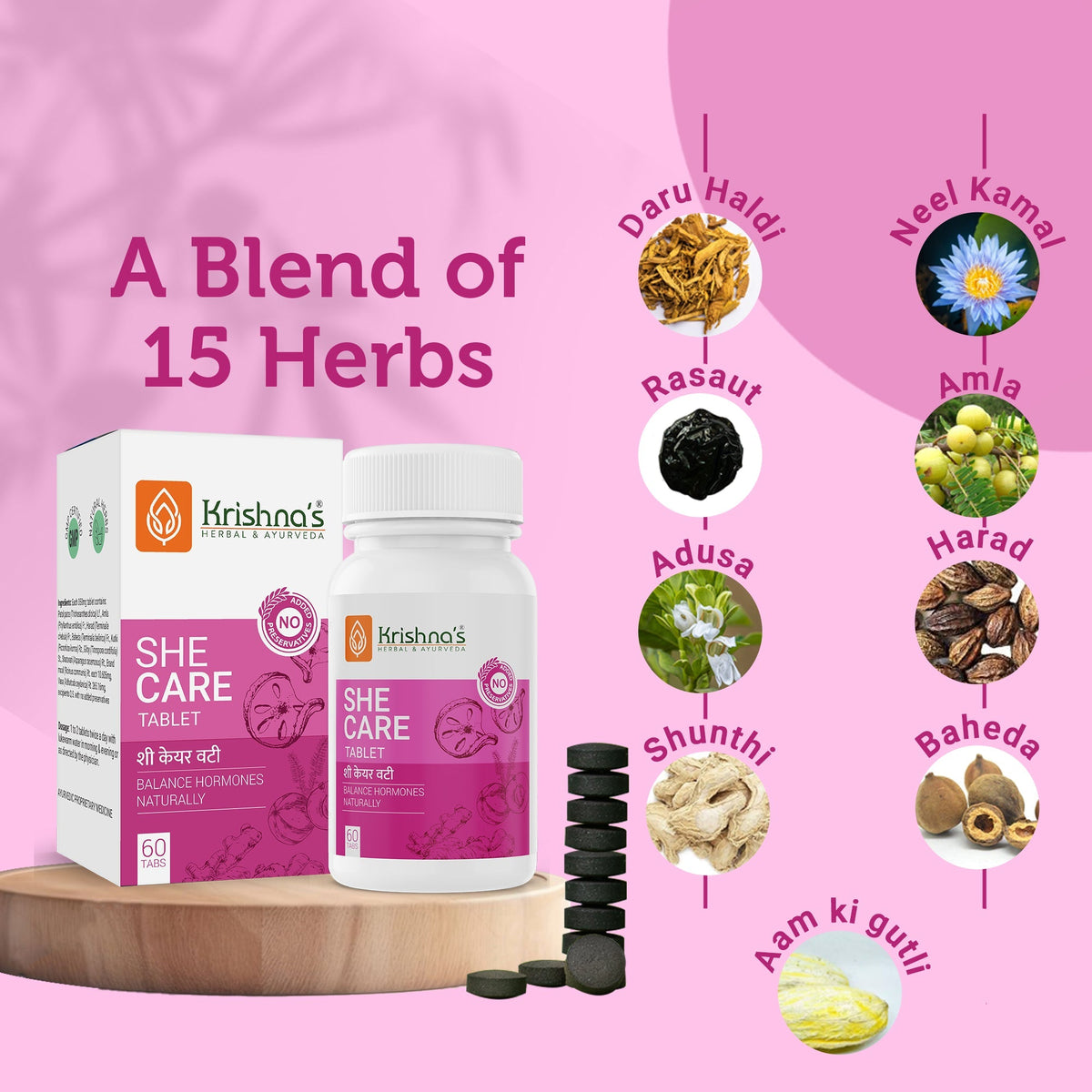 Krishna's Herbal & Ayurveda She Care Ayurvedic Tablets in a bottle, showing the label and tablets inside.