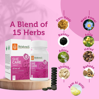 Krishna's Herbal & Ayurveda She Care Ayurvedic Tablets in a bottle, showing the label and tablets inside.