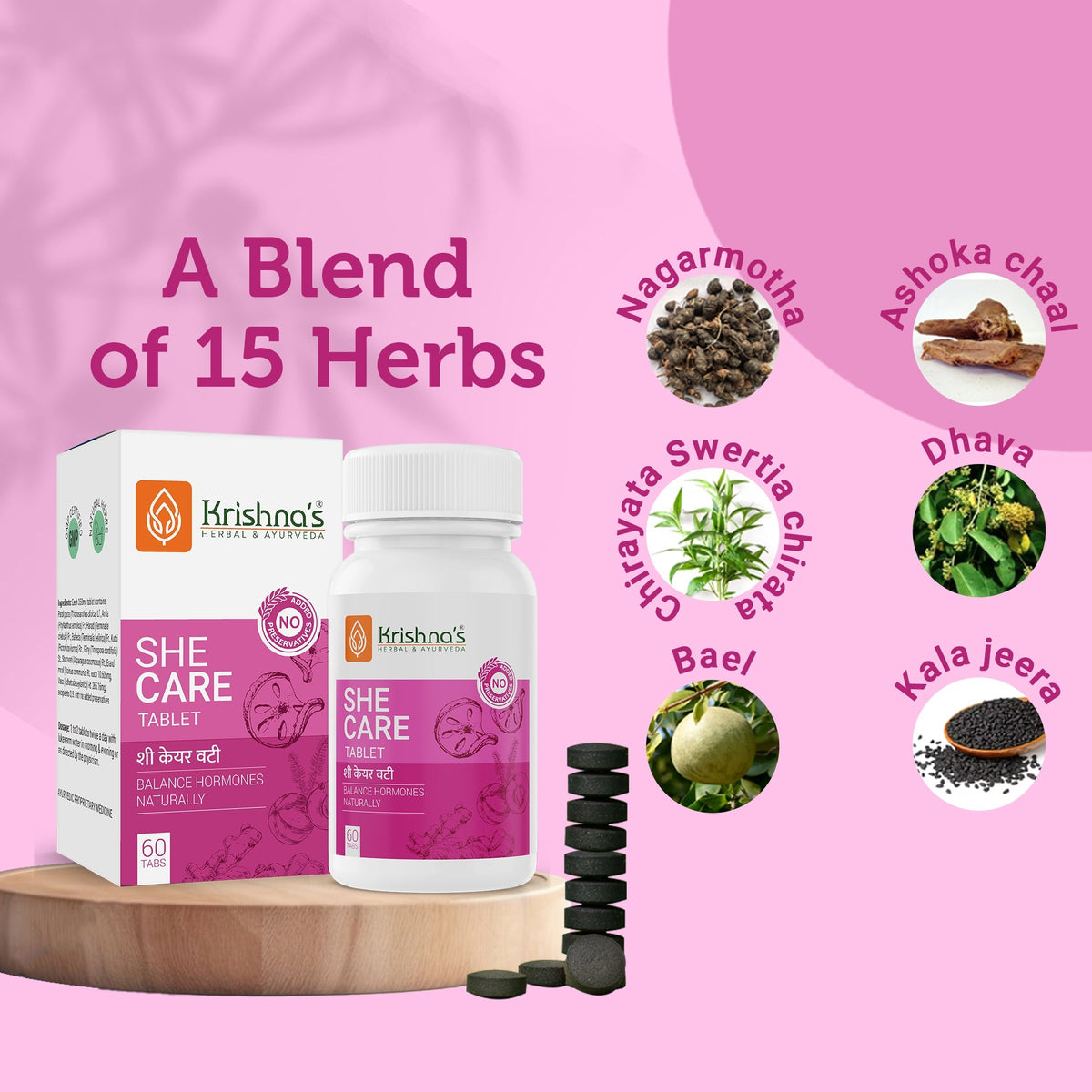 Krishna's Herbal & Ayurveda She Care Tablets in a blister pack, natural Ayurvedic tablets for women's health.