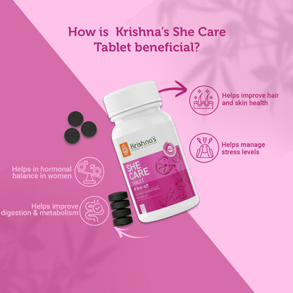 Krishna's Herbal & Ayurveda She Care Ayurvedic Tablets in a blister pack, natural herbal supplement for women's health.