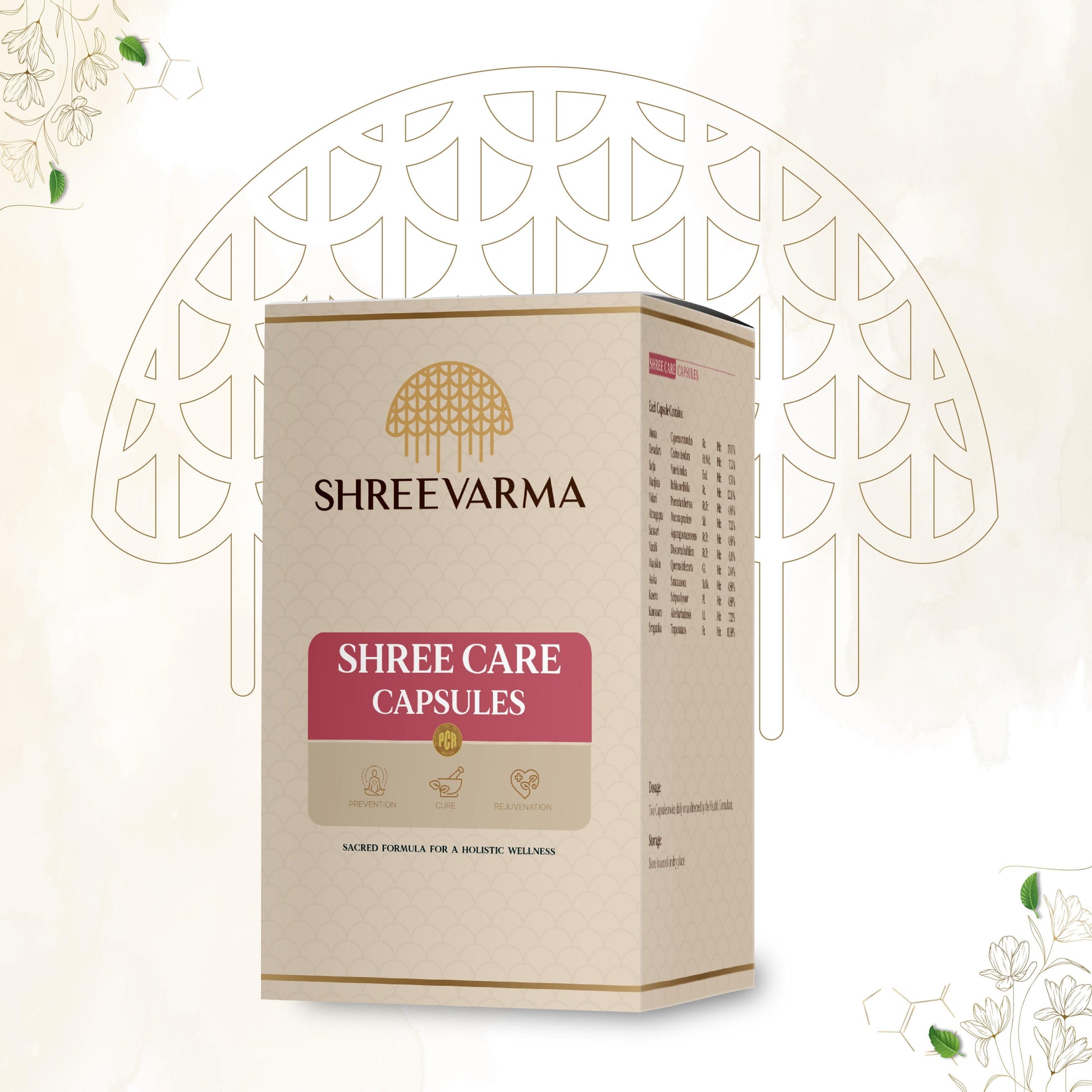 Shreevarma Shree Care Ayurvedic capsules for women’s wellness, featuring herbal ingredients like Ashoka and PCOD for hormonal health.