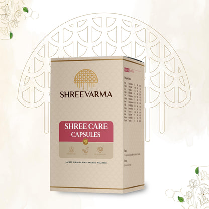 Shreevarma Shree Care Ayurvedic capsules for women’s wellness, featuring herbal ingredients like Ashoka and PCOD for hormonal health.