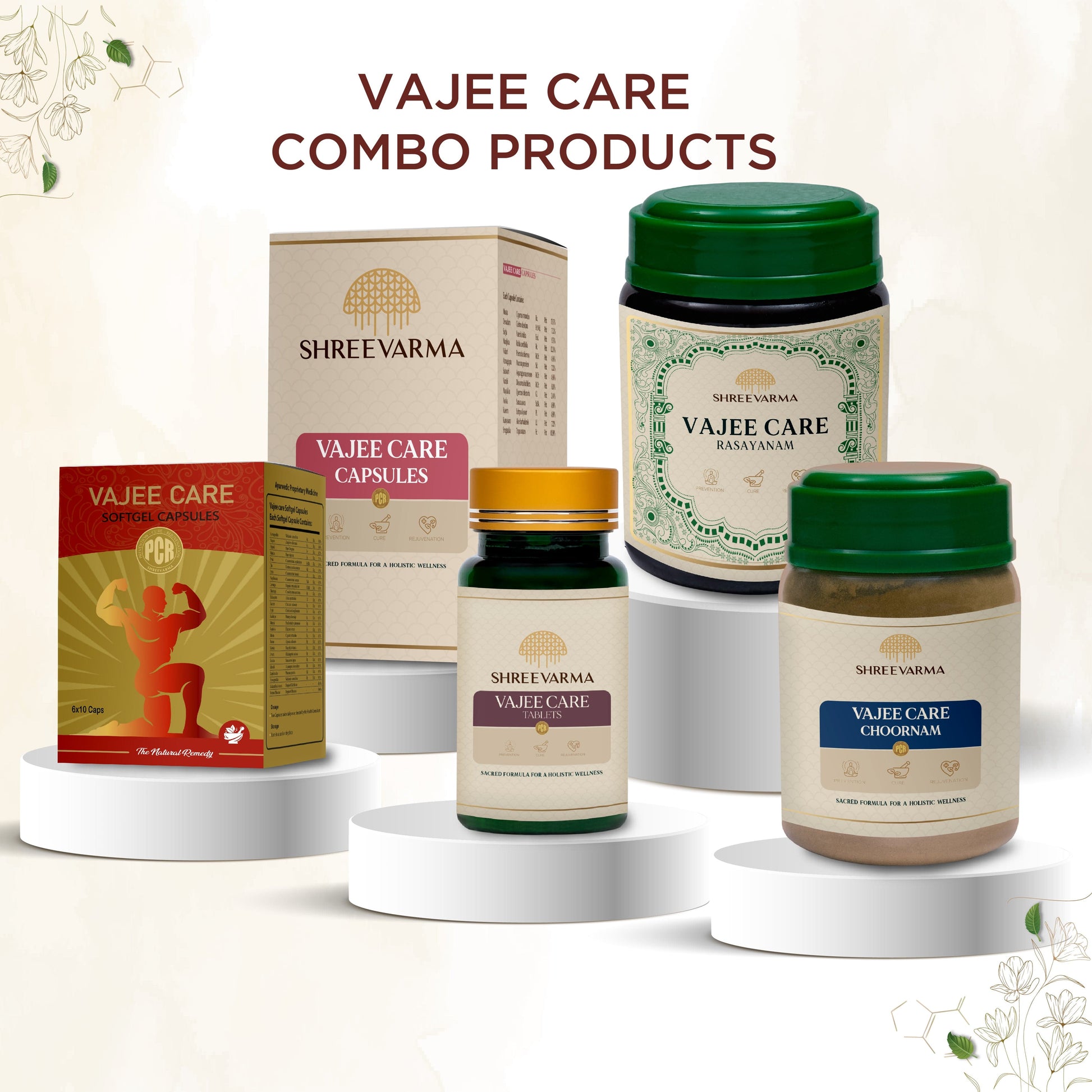 Shreevarma Vajee Care SG Ayurvedic capsules for men's wellness, featuring Ashwagandha and herbal ingredients in a bottle.