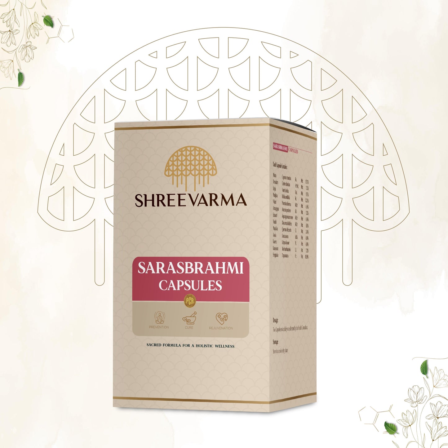 Shreevarma Saras Brahmi Ayurvedic capsules for brain health, memory, focus, and concentration, featuring Brahmi and Ashwagandha.
