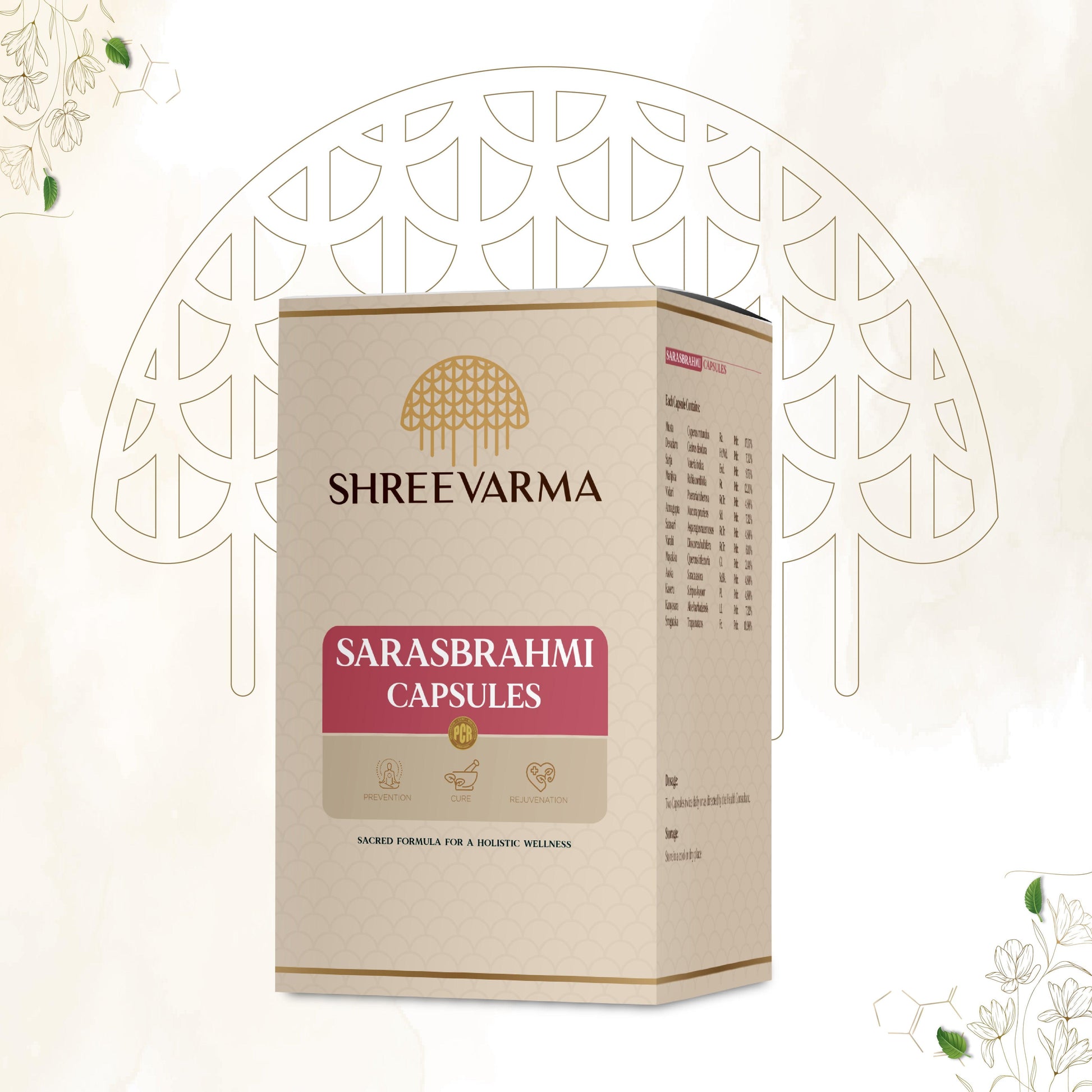 Shreevarma Saras Brahmi Ayurvedic capsules for brain health, memory, focus, and concentration, featuring Brahmi and Ashwagandha.