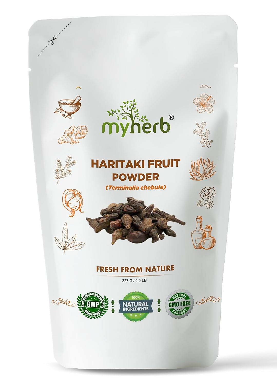 Organic Haritaki powder by Myherb in a clear glass jar, showing the fine, tan-colored Ayurvedic powder on a white background.