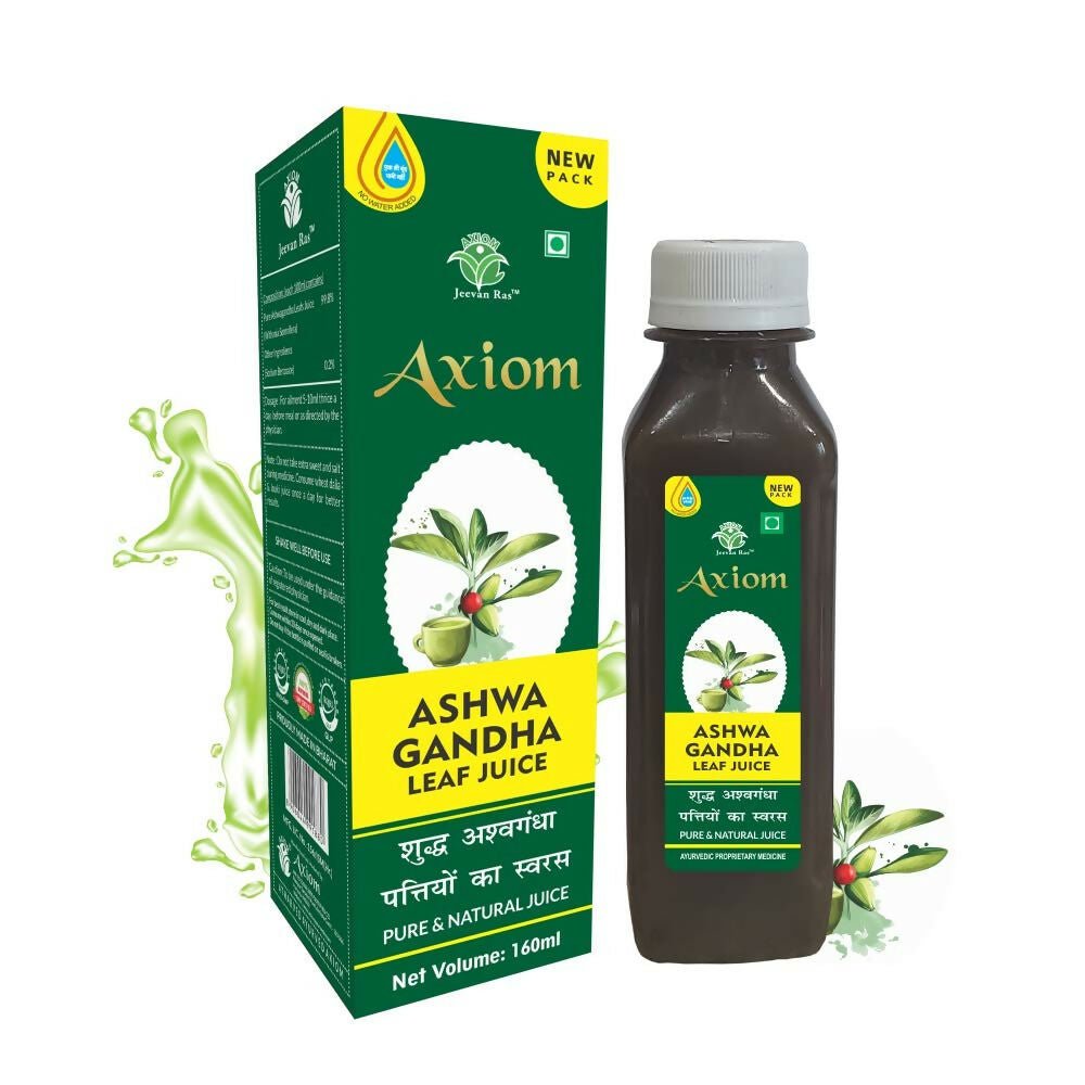Axiom Ashwagandha Leaf Juice in a glass bottle, showcasing fresh green ashwagandha leaves for Ayurvedic health benefits.