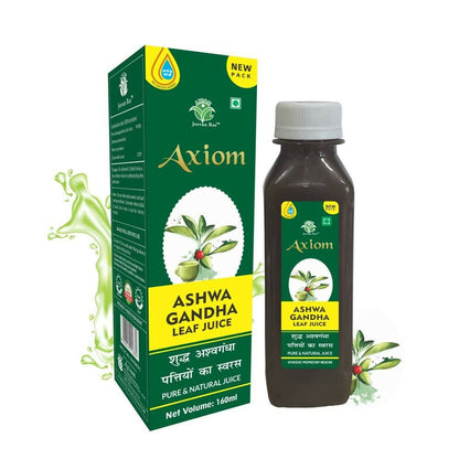 Axiom Ashwagandha Leaf Juice in a glass bottle, showcasing fresh green ashwagandha leaves for Ayurvedic health benefits.