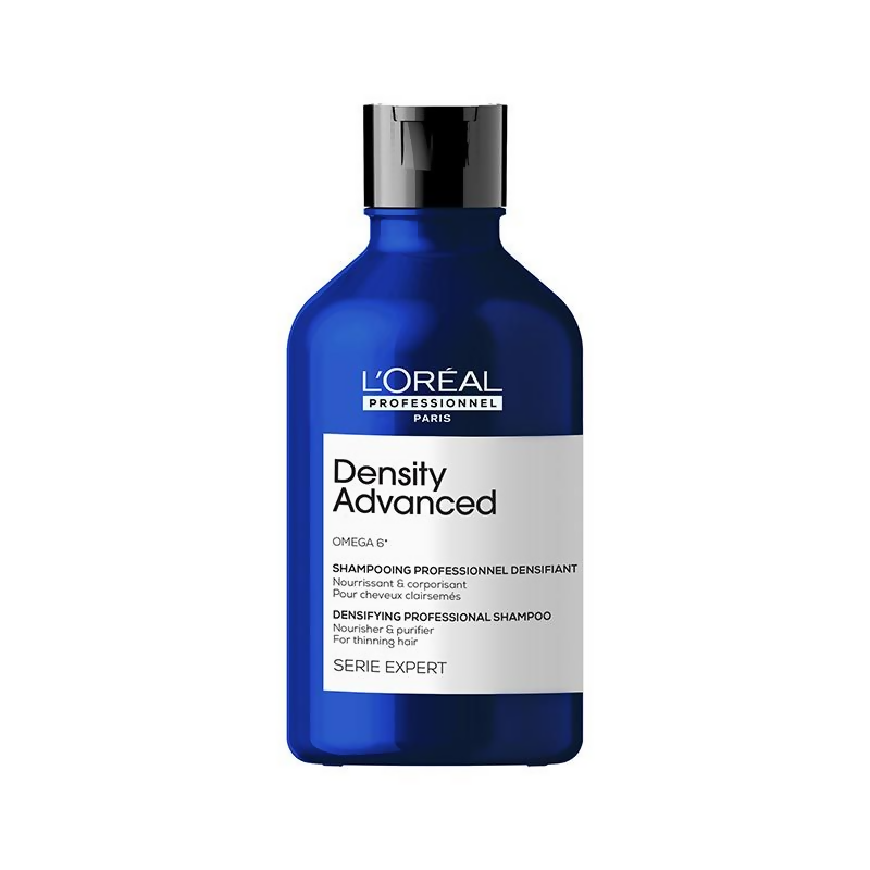 L'Oreal Paris Density Advanced Shampoo for thinning hair, showing the bottle with volumizing formula for increased hair density.