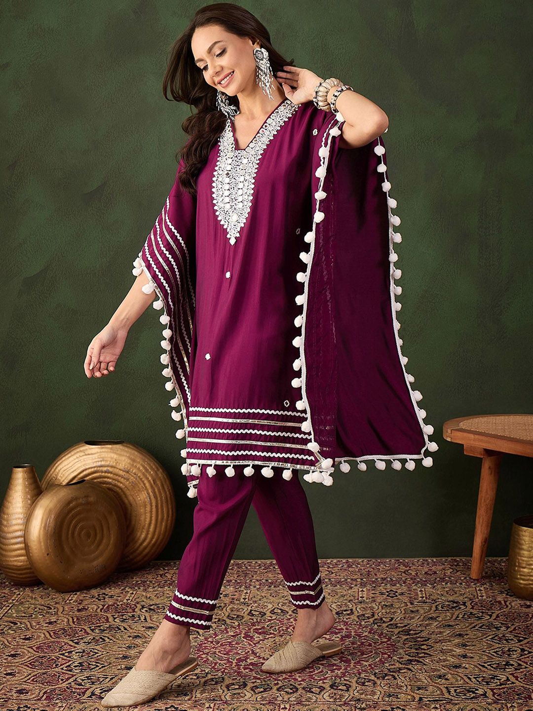 Indyancart SN Women's Purple Geometric Embroidered Mirror Work Roman Silk Kurta With Trouser