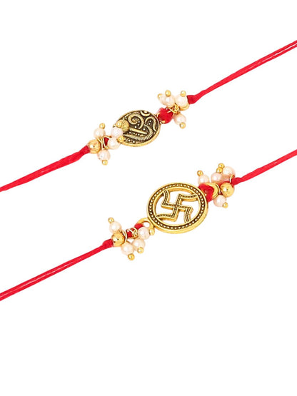 Anouk Pack Of 2 Swastik Desgin Bhaiya Bhabhi Rakhi With Roli Chawal Chandan Mishri