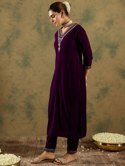 Indyancart IE Ethnic Motifs Embroidered Regular Velvet Straight Kurta with Trousers