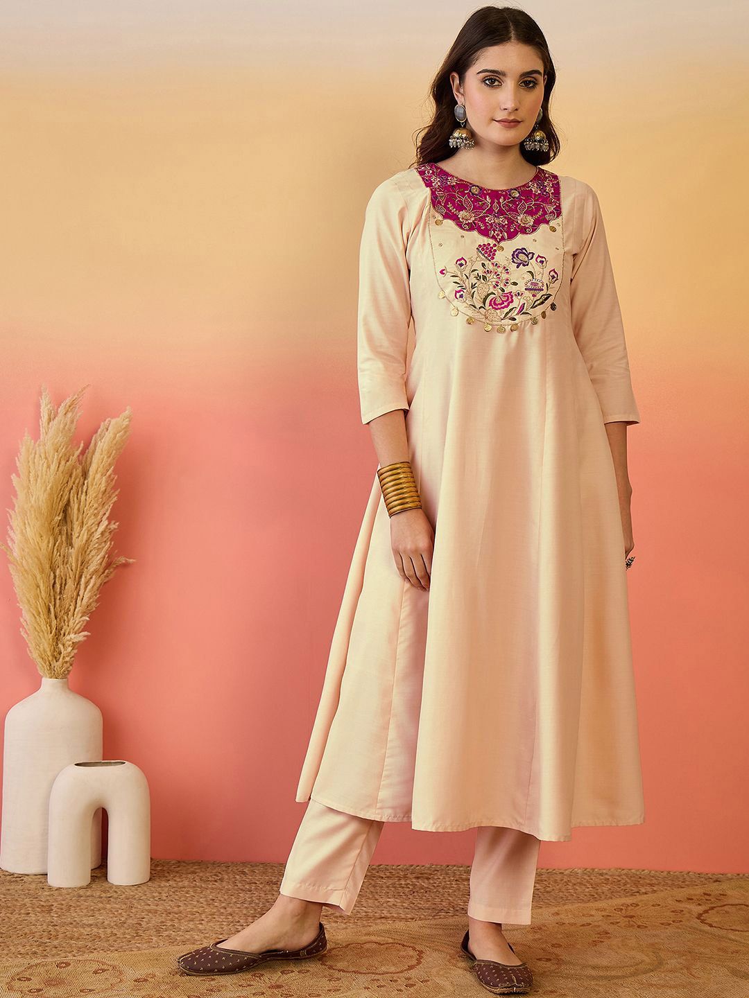 Indyancart SN Women's Floral Yoke Design Panelled Thread Work A-Line Kurta With Trouser And Dupatta