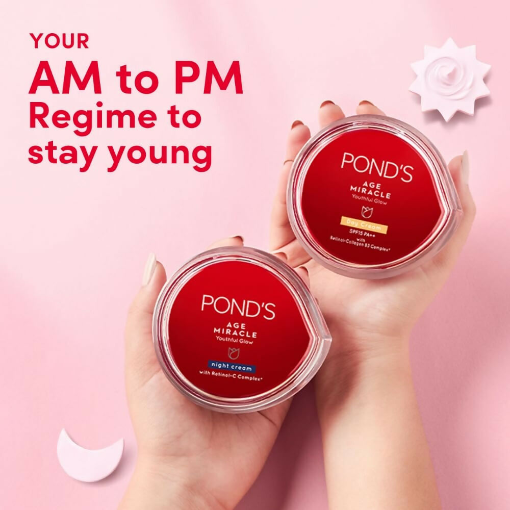 Ponds Age Miracle Wrinkle Corrector Night Cream jar with white and gold packaging, smooth cream inside, designed for anti-aging skincare.