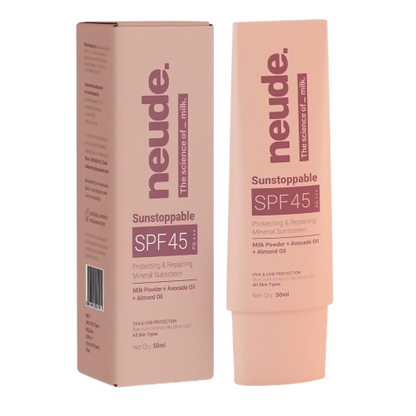 Neude Sunstoppable Sunscreen SPF 45 PA+++ for men and women, smooth lightweight formula with no white cast.