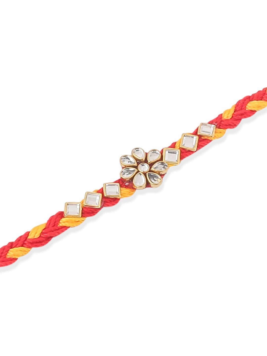 Anouk Men Set Of 3 Red & Yellow Kundan Studded Floral Design Thread Rakhi With Roli Chawal