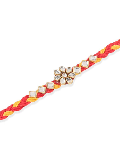 Anouk Men Set Of 3 Red & Yellow Kundan Studded Floral Design Thread Rakhi With Roli Chawal