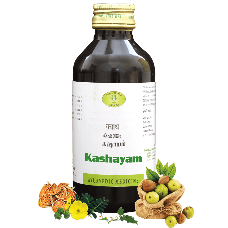 AVN Ayurveda Dhanwantaram Kashayam herbal syrup in a glass bottle, used for wellness and Ayurvedic health support.