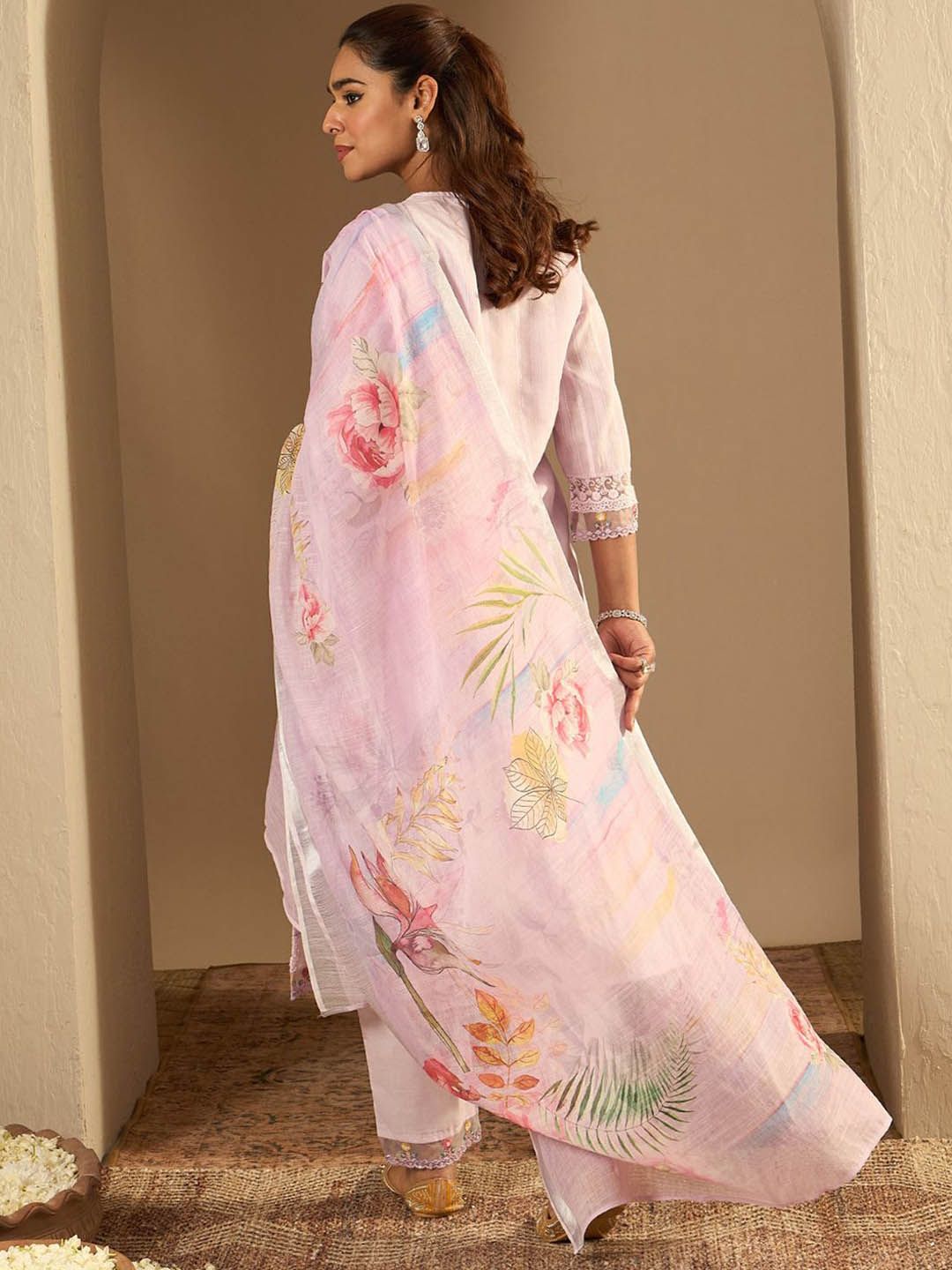 Indyancart IE Floral Yoke Design Straight Thread Work Pure Cotton Kurta with Trousers & Dupatta