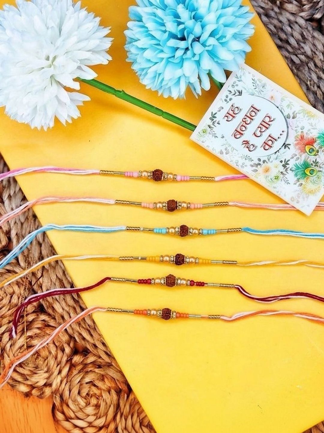 Anouk Set Of 6 Rudraksh & Artificial Beads Thread Rakhi With Roli Chawal Chandan Mishri