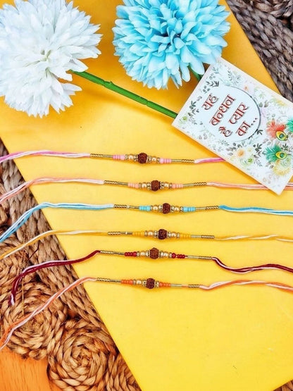Anouk Set Of 6 Rudraksh & Artificial Beads Thread Rakhi With Roli Chawal Chandan Mishri