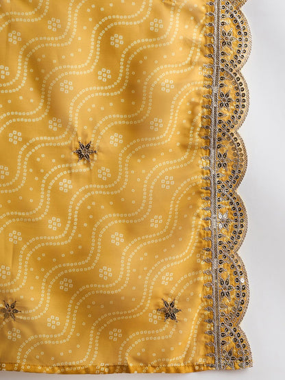 Indyancart IE Mustard Yellow Floral Embroidered V-Neck Straight Kurta with Trousers & Dupatta