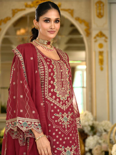 Indyancart IE Ethnic Motifs Embroidered Zari Organza Straight Kurta & Trousers With Dupatta